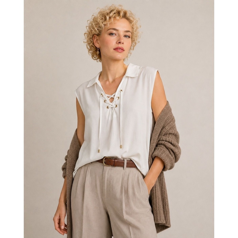 Ellen Tracy L White Tencel Lace-Up Sleeveless Blouse